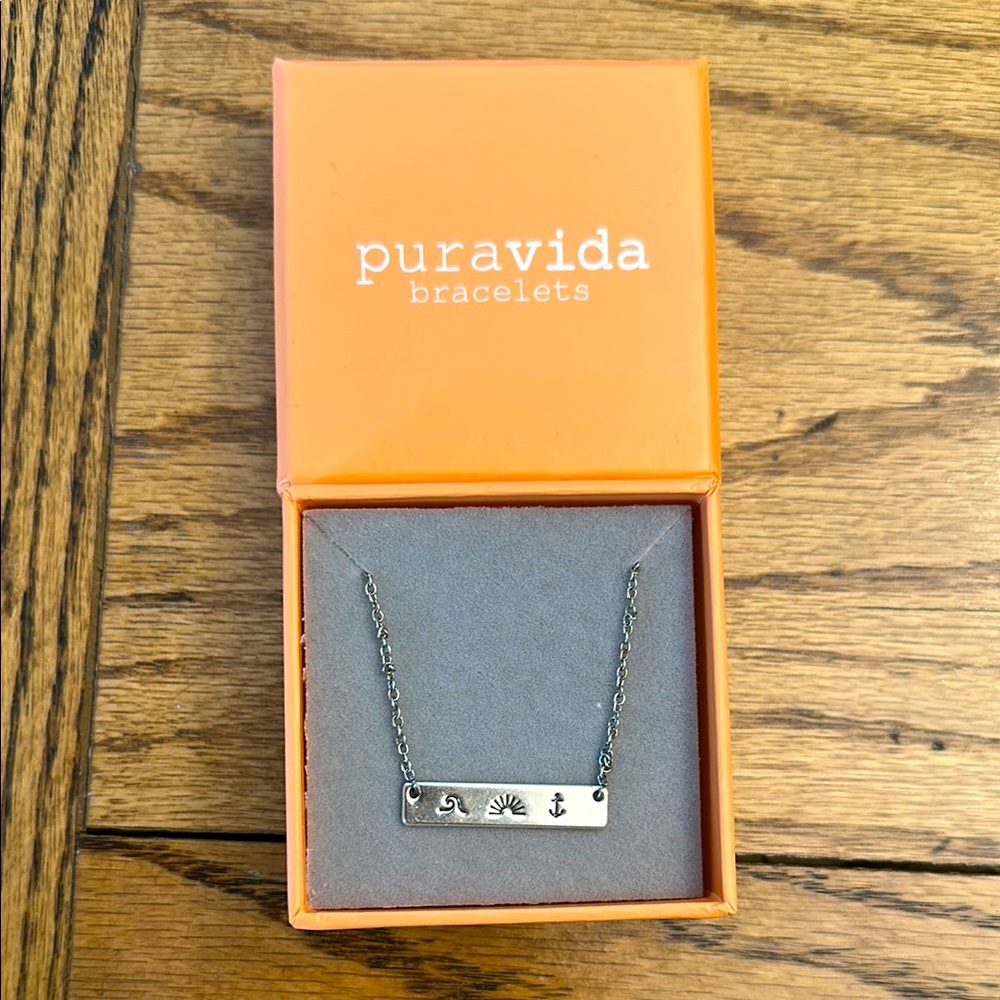 NWOT Pura Vida Silver bar necklace with a 🌊, 🌞, and ⚓️.